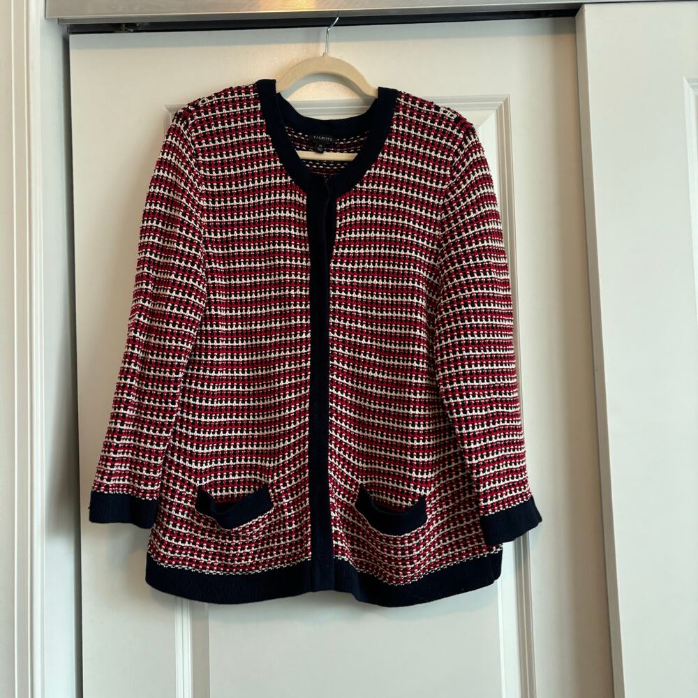 Talbots Women’s Red Tweed Knit Boxy Cardigan Sz XL Americana Cotton Festive